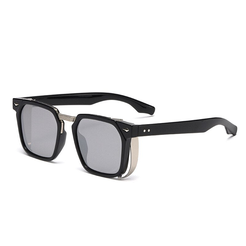 SHAUNA Vintage Rivets Steampunk Square Sunglasses UV400 0 Oak Vintage Black Silver Mirror