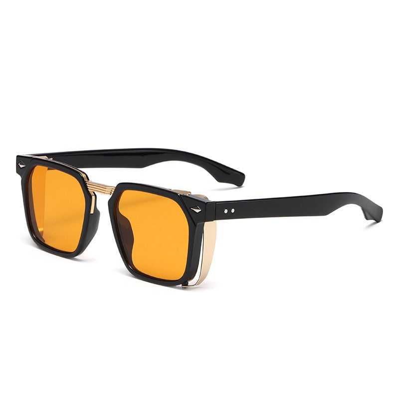 SHAUNA Vintage Rivets Steampunk Square Sunglasses UV400 0 Oak Vintage Black Yellow