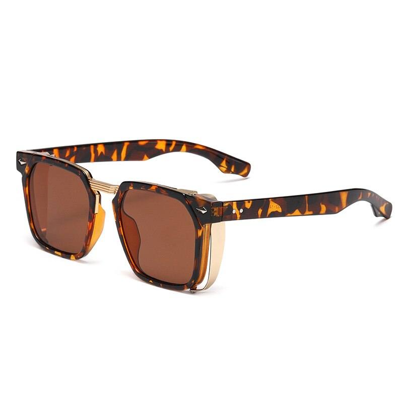 SHAUNA Vintage Rivets Steampunk Square Sunglasses UV400 0 Oak Vintage Leopard Tea