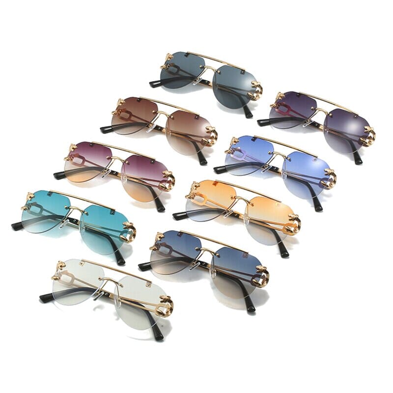 SO&EI Retro Double Bridges Rimless Pilot Sunglasses Women Clear Ocean Gradient Lens Men Shades UV400 Metal Leopard Sun Glasses 0 Oak Vintage