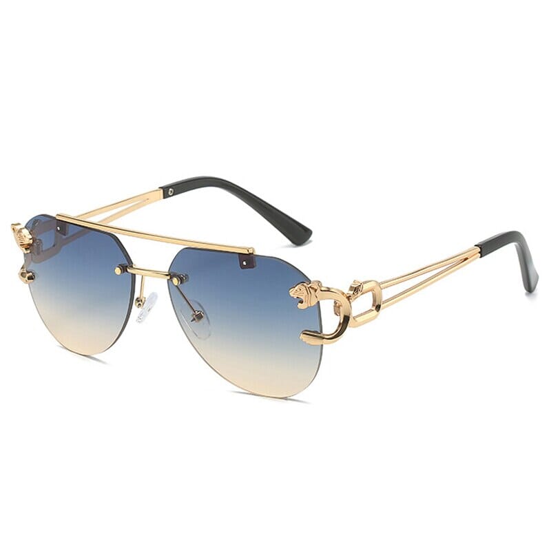 SO&EI Retro Double Bridges Rimless Pilot Sunglasses Women Clear Ocean Gradient Lens Men Shades UV400 Metal Leopard Sun Glasses 0 Oak Vintage Golden blue tea As the picture