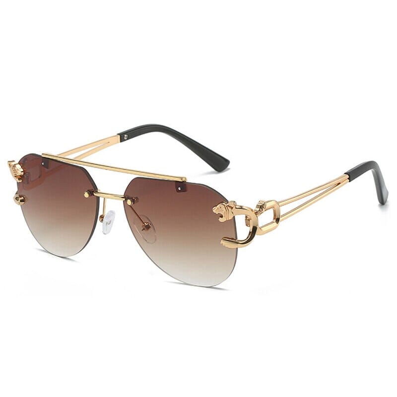 SO&EI Retro Double Bridges Rimless Pilot Sunglasses Women Clear Ocean Gradient Lens Men Shades UV400 Metal Leopard Sun Glasses 0 Oak Vintage Golden tea gradient As the picture