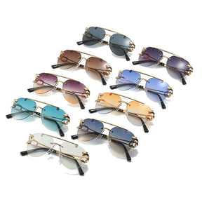 SO&EI Retro Double Bridges Rimless Pilot Sunglasses Women Clear Ocean Gradient Lens Men Shades UV400 Metal Leopard Sun Glasses 0 Oak Vintage 