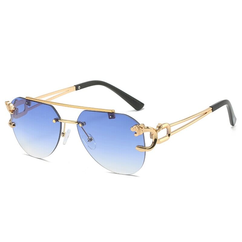 SO&EI Retro Double Bridges Rimless Pilot Sunglasses Women Clear Ocean Gradient Lens Men Shades UV400 Metal Leopard Sun Glasses 0 Oak Vintage Golden blue gradient As the picture 