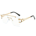 SO&EI Retro Double Bridges Rimless Pilot Sunglasses Women Clear Ocean Gradient Lens Men Shades UV400 Metal Leopard Sun Glasses 0 Oak Vintage Golden clear As the picture 