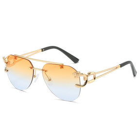 SO&EI Retro Double Bridges Rimless Pilot Sunglasses Women Clear Ocean Gradient Lens Men Shades UV400 Metal Leopard Sun Glasses 0 Oak Vintage Golden orange blue As the picture 
