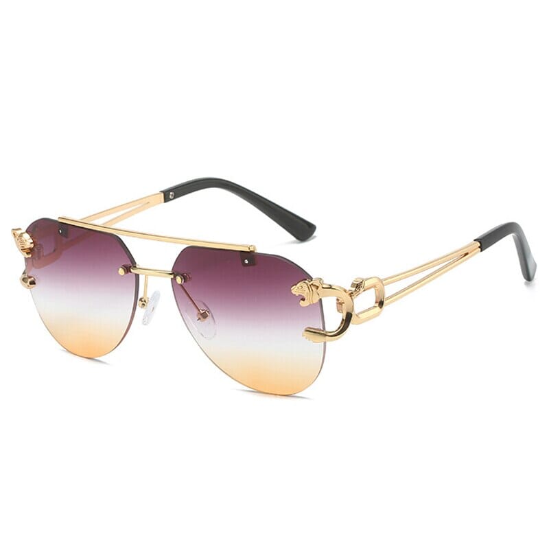 SO&EI Retro Double Bridges Rimless Pilot Sunglasses Women Clear Ocean Gradient Lens Men Shades UV400 Metal Leopard Sun Glasses 0 Oak Vintage Golden purple orange As the picture 